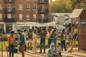 Un groupe diversifié de voisins s'engage dans un échange de service entre particulier lors d'un événement d'entraide locale dans un parc urbain, avec des activités de jardinage partagé et une ambiance communautaire.